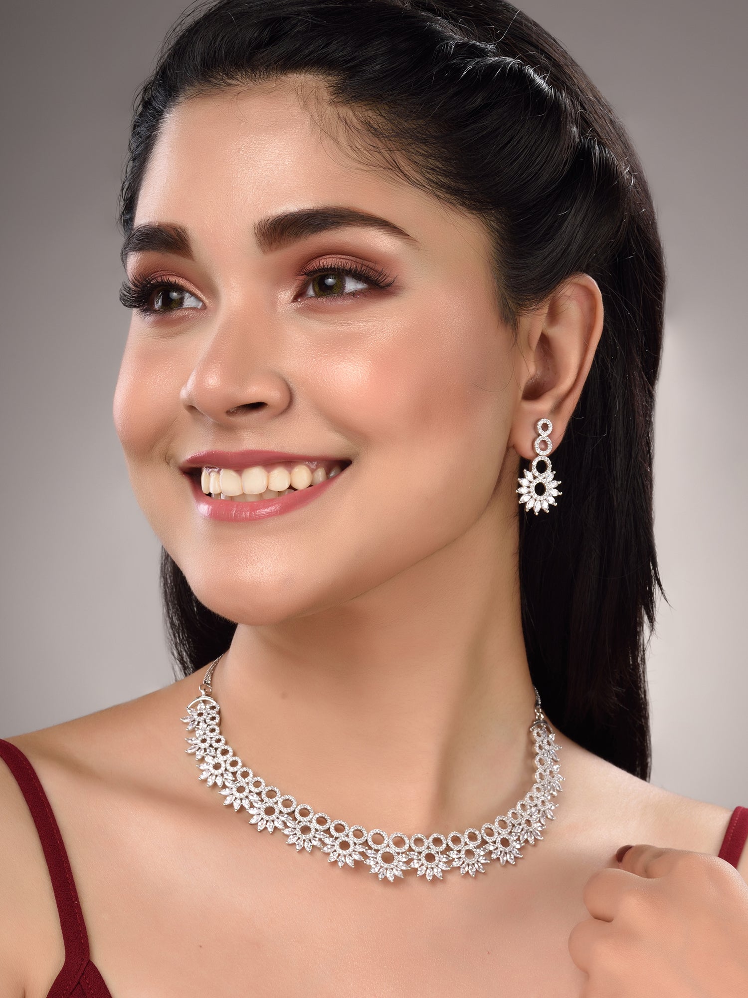 Silver Plated White AD studded Star Shaped Necklace Jewellery Set